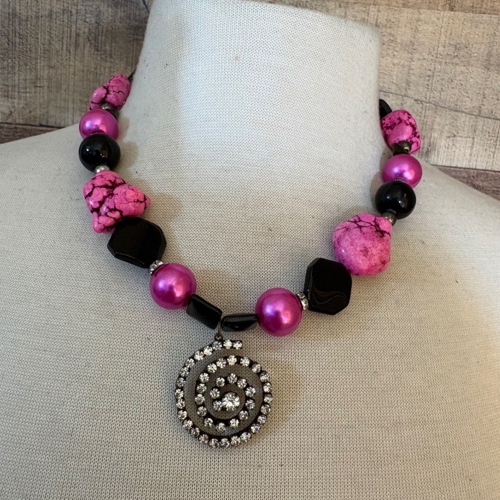 Chunky Hot Pink Faux Turquoise Black Pearl Rhinestone Spiral Statement Necklace
